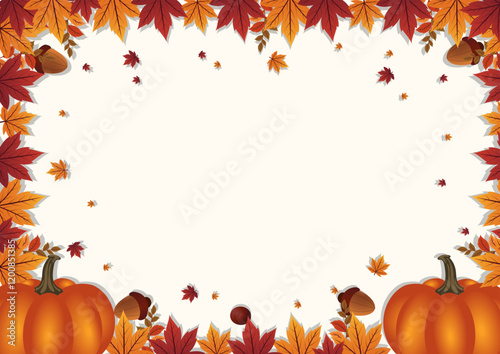 Autumnal Frame, Vibrant autumn foliage forms a stunning heart-shaped border around two plump pumpkins. Scattered acorns, maple leaves, and berries add to the festive mood.