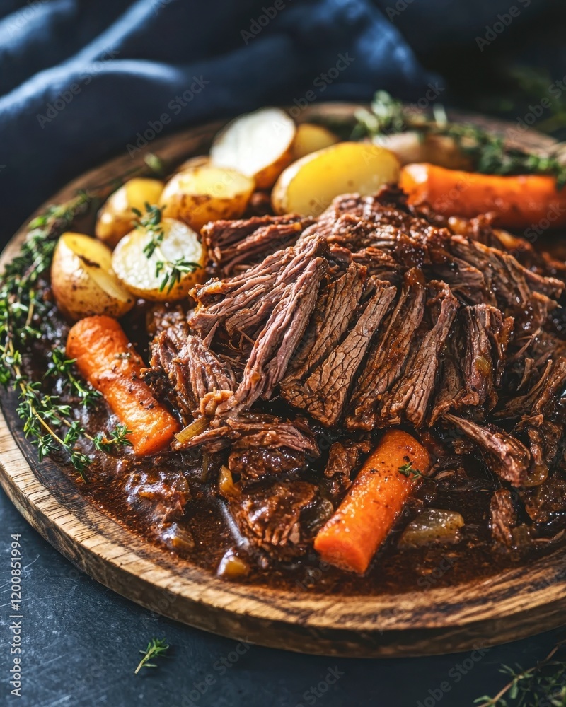 Deliciously Braised Beef with Vegetables and Fresh Herbs on Plate Deliciously Braised Beef with Vegetables and Fresh Herbs on Plate