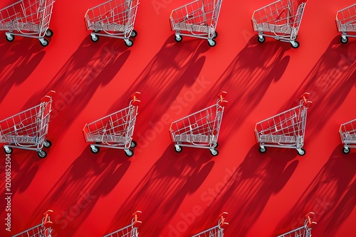 Many metal shopping carts on a red background with reflection of the shadows. Layout pattern with shopping concept. Flat lay