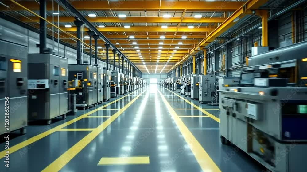 Modern Factory Interior with Rows of Industrial Machinery Modern Factory Interior with Rows of Industrial Machinery
