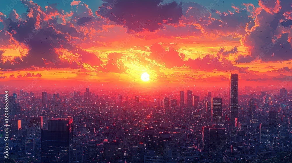 Fototapeta premium A vibrant cityscape bathed in the warm glow of a breathtaking sunset. Ideal for wallpapers, digital art, or backgrounds.