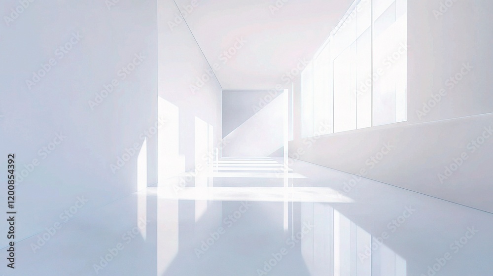Fototapeta premium Sunlit Corridor: Light streams through large windows in a minimalist, modern hallway, creating a bright and airy atmosphere.