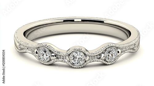 White gold three-stone curved wedding band, studio shot,  jewelry website