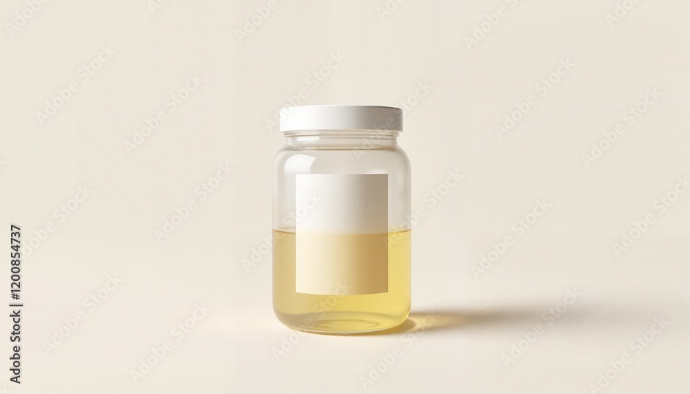 Small transparent jar with white lid and white label on beige background Small transparent jar with white lid and white label on beige background