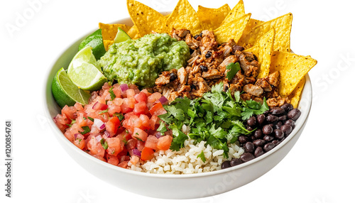 Delicious chicken burrito bowl restaurant food photography bright setting top-down view culinary delight