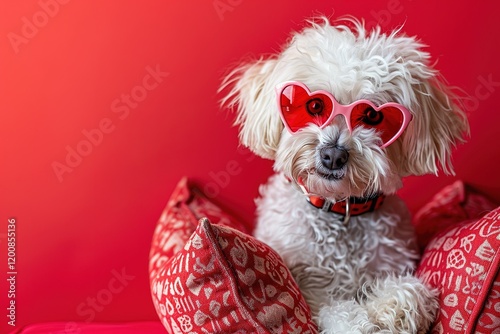 Portrait of a white cavapoo wearing heart shaped glasses and a luv pillow against a red background photo