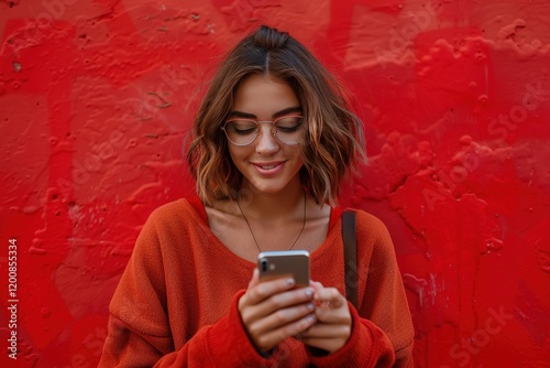 Portrait smiling, confident woman using smart phone against red background