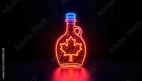 Vibrant Glowing Red and Blue Neon Maple Syrup Bottle Isolated on Black Background for Marketing