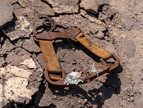 close up of broken safety harness lying on cracked ground, evoking sense of neglect photo