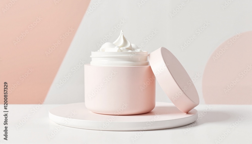Closeup of Moisturizing Face Cream in Pink Jar on Round Podium with Pink Background Closeup of Moisturizing Face Cream in Pink Jar on Round Podium with Pink Background