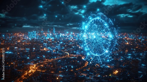 Futuristic City Nightscape with a Digital Ferris Wheel