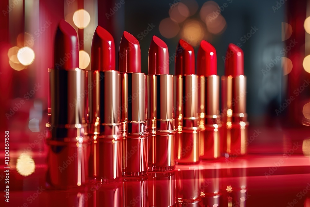Set of bright red lipsticks in elegant shiny tubes placed on red background Set of bright red lipsticks in elegant shiny tubes placed on red background