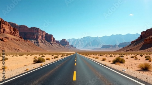 Asphalt ribbon unwinding through a sun-drenched arid landscape, flanked by majestic, rust-colored cliffs and a distant mountain range under a vibrant blue sky