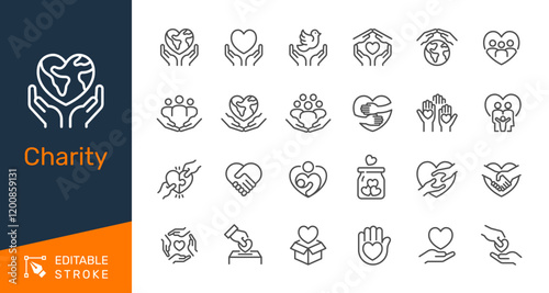 Charity thin line icons. Editable stroke. Pixel perfect.