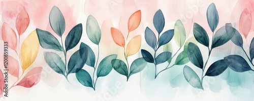 Nature watercolor idea. A vibrant watercolor illustration of leaves in soft pastel tones and elegant shapes. photo