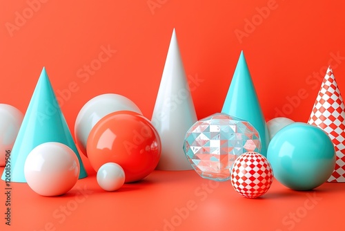 Three dimensional render of various cones and spheres lying against vibrant red background