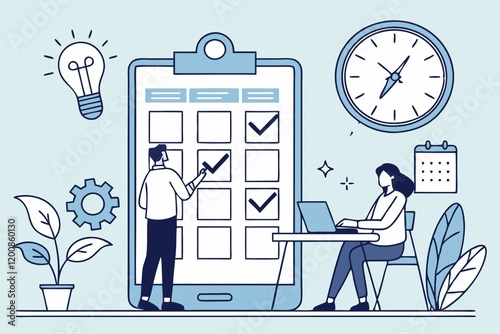 Illustration of productivity, featuring a checklist, a clock, and individuals collaborating, emphasizing time management and organized work.