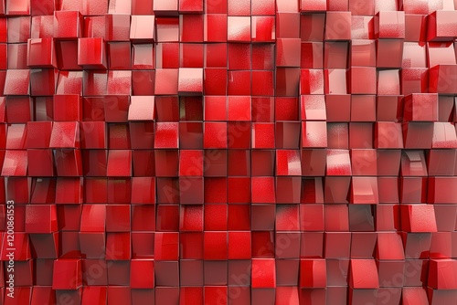 3D, Red Wall background with tiles. Rectangular, tile Wallpaper with Polished, Futuristic blocks.