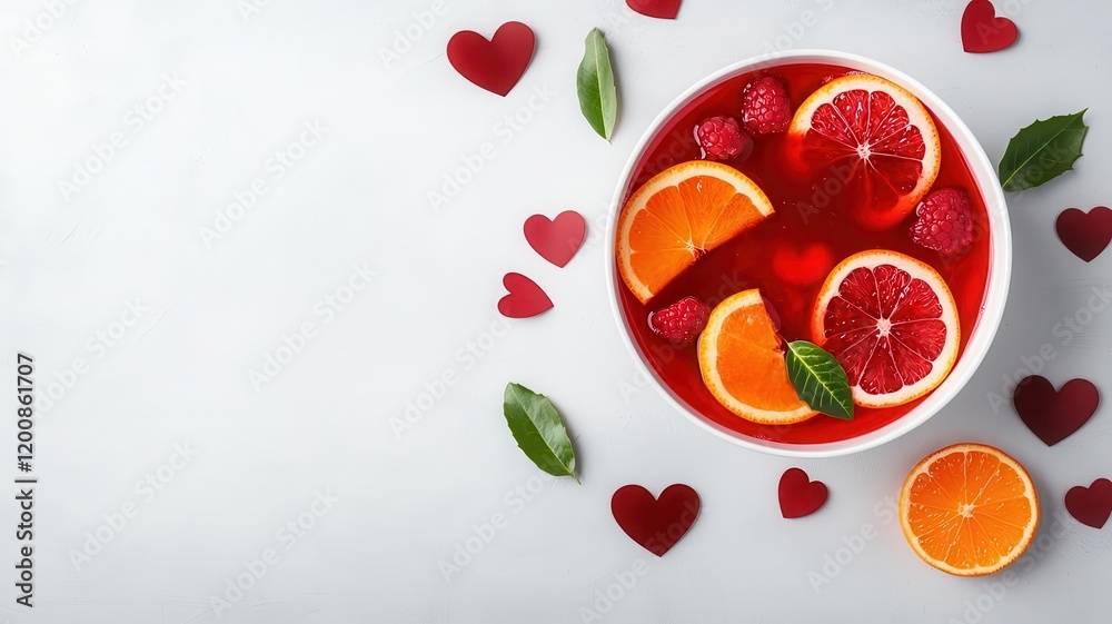 Fototapeta premium A festive punch bowl filled with a bright red Valentine s punch, garnished with heart shaped fruit slices and floating petals, 3D render, 3D render