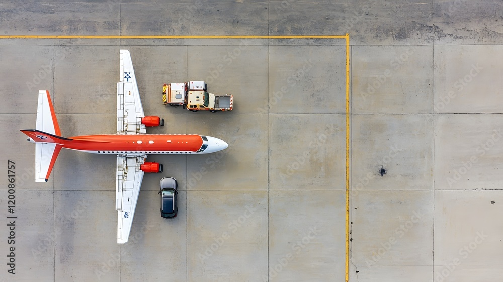 Emergency vehicles surrounding grounded plane, showcasing rapid response and safety measures in aviation emergencies, highlighting teamwork and crisis management Emergency vehicles surrounding grounded plane, showcasing rapid response and safety measures in aviation emergencies, highlighting teamwork and crisis management