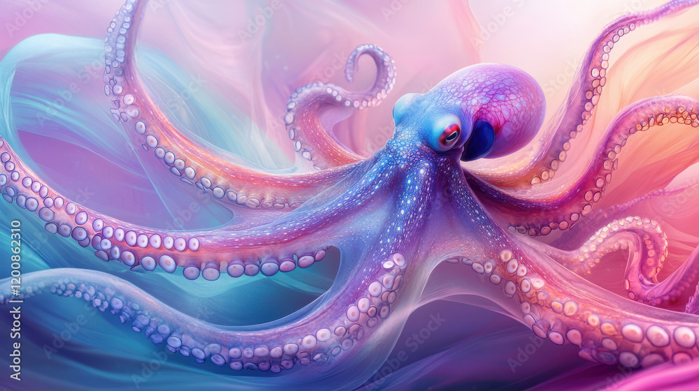 Fototapeta premium A realistic octopus with translucent tentacles, each tentacle tipped with glowing bioluminescent orbs, vivid oceanic hues