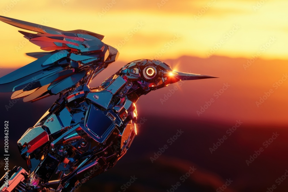 Naklejka premium A chrome robotic hummingbird soars against a vibrant sunset, showcasing intricate mechanical details and futuristic design.