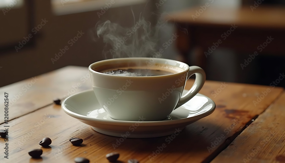 Fototapeta premium Cup coffee beans wooden