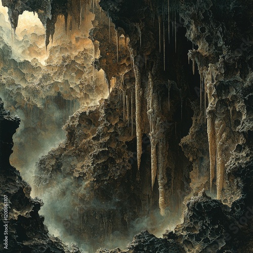 Mystical cavern with intricate rock formations and glowing ethereal light. Ideal for fantasy landscapes, book covers, or game art.