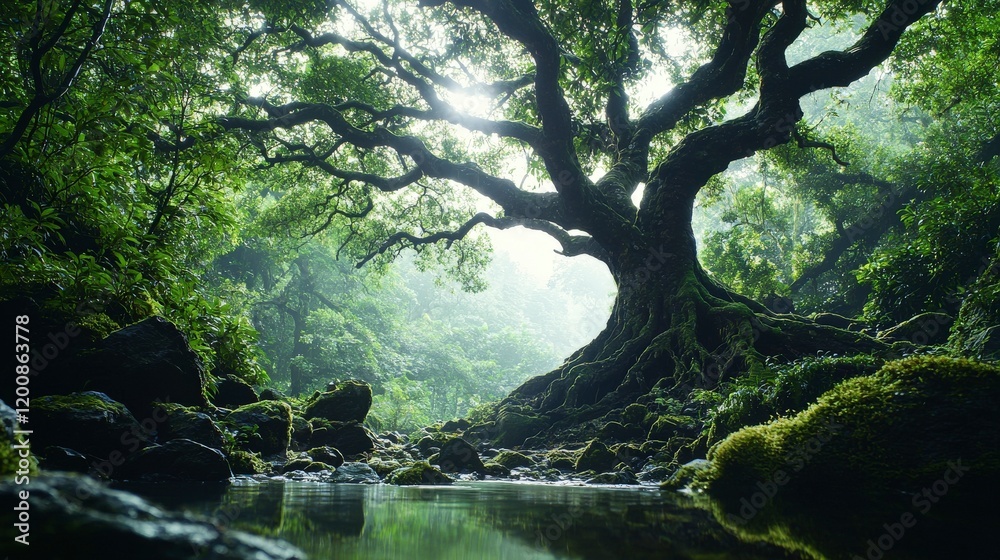 Fototapeta premium Majestic ancient tree breathing life enchanted forest nature photography serene environment low angle view vitality concept