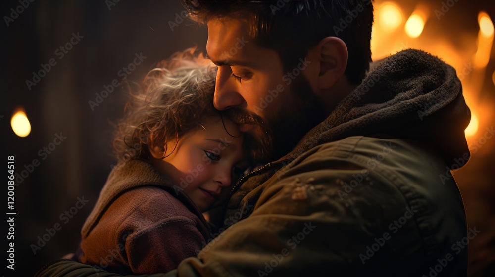 A father tenderly embraces his child in a warm glow of firelight, symbolizing love, care, and protection in an emotional moment A father tenderly embraces his child in a warm glow of firelight, symbolizing love, care, and protection in an emotional moment