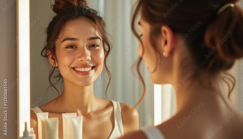 Asian female young adult smiling in mirror with skincare products Asian female young adult smiling in mirror with skincare products