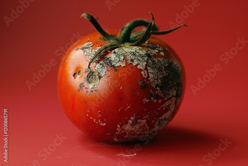 Close-up of a mouldy tomato against a red background