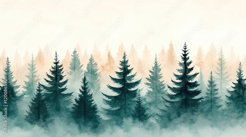 Obraz premium Nature watercolor idea. A serene, misty forest landscape with tall evergreen trees and soft pastel hues.