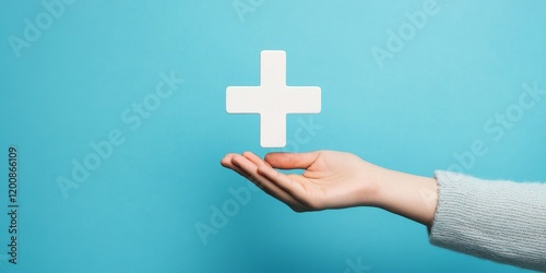 Male hand holding plus icon on blue background. Plus sign virtual means to offer positive thing like benefits, personal development, social network Profit,health insurance, growth, Generative AI