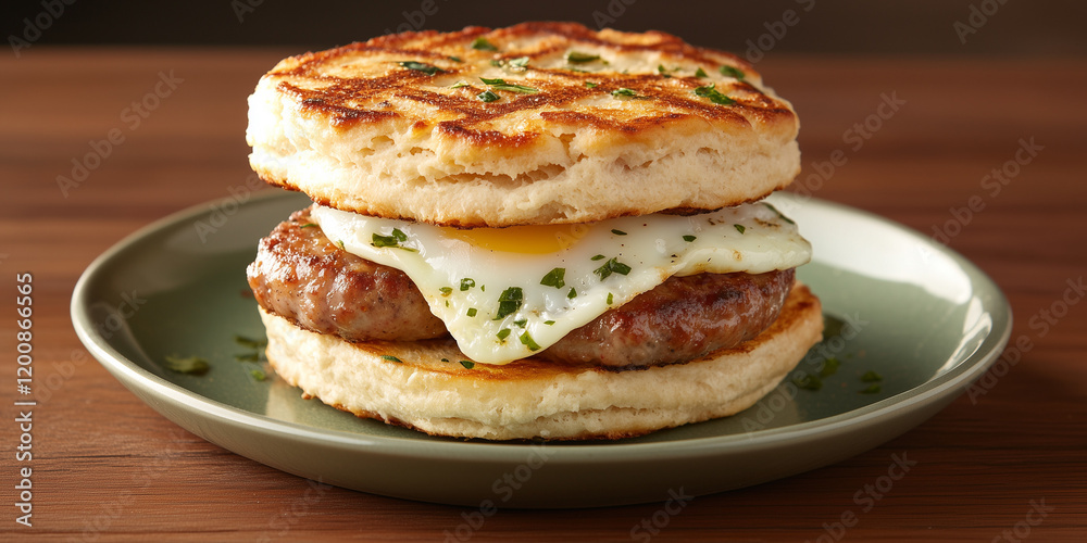 homestyle sausage and egg breakfast sandwich on buttery biscuit