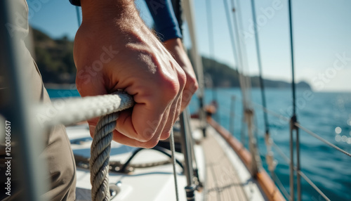 Close-up of hands gripping rope on sailing boat under clear blue sky