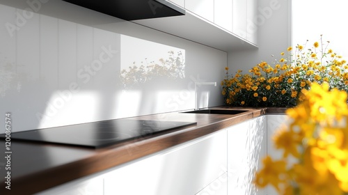 Pristine white cabinets with an espresso-toned wood countertop, accented by a bouquet of yellow marigolds photo