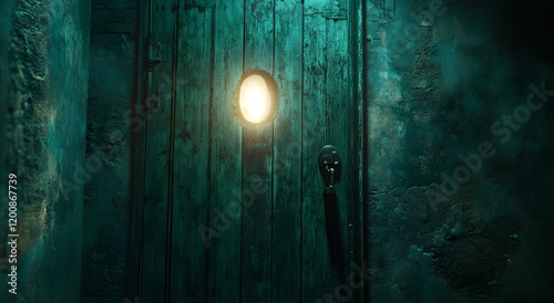 Wallpaper Mural Glowing Light Through An Old Teal Wooden Door Torontodigital.ca