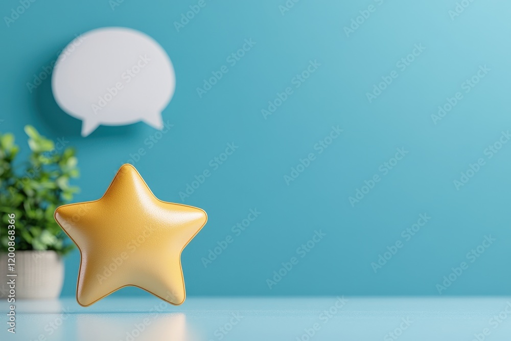 Bright Yellow Star with Positive Review Bubble on Soft Blue Background for Conceptual Use Bright Yellow Star with Positive Review Bubble on Soft Blue Background for Conceptual Use