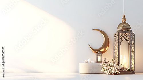 Gift box, lantern, gold crescent moon . Design concept of ramadan Kareem, mawlid, iftar,isra and miraj or eid al fitr adha, copy space text area, 3D illustration, high resolution realistic image