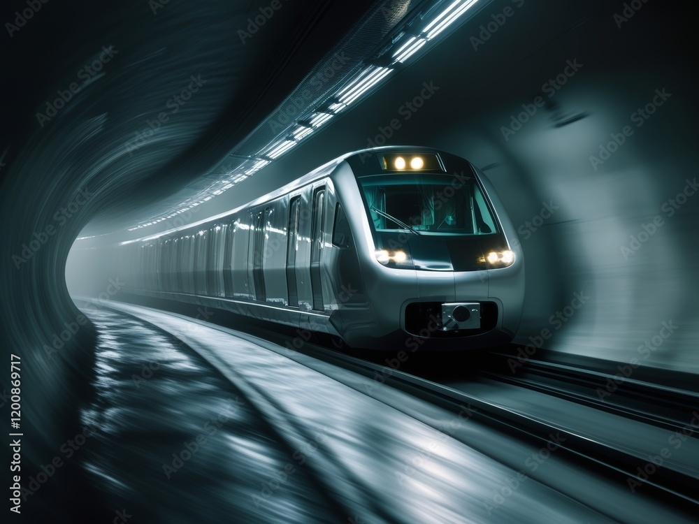 Naklejka premium High-Speed Train Traveling Through Dark Tunnel at Night