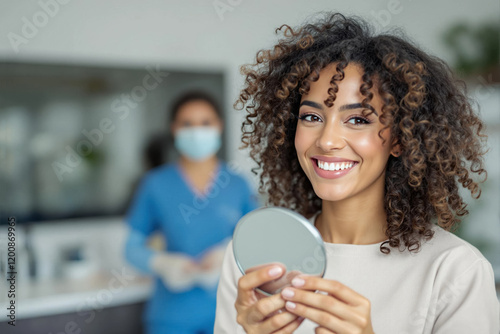 Young african female smiling in dental office holding mirror with medical professional in background