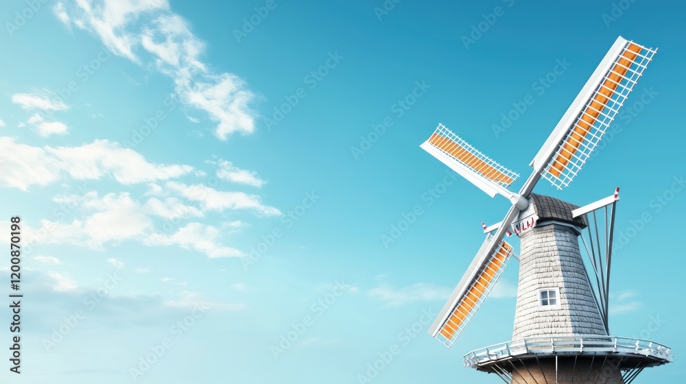 Obraz premium A windmill stands against a clear blue sky with scattered clouds.