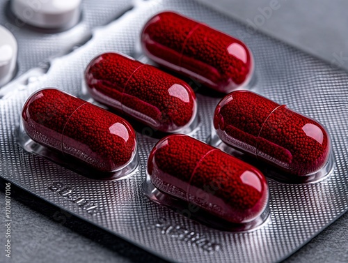 A pack of red pills sitting on top of a blister pack