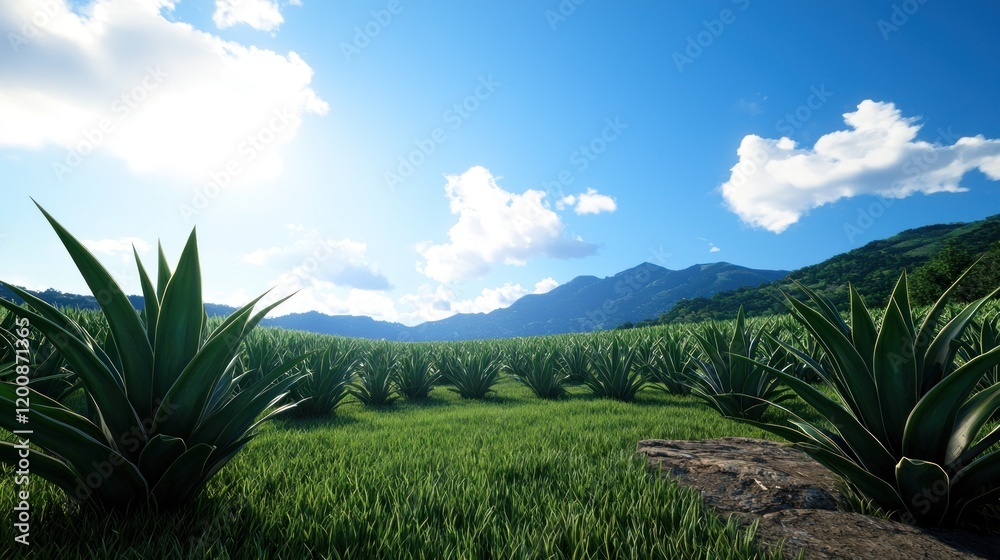 Lush agave field under a bright sky with distant mountains. Lush agave field under a bright sky with distant mountains.