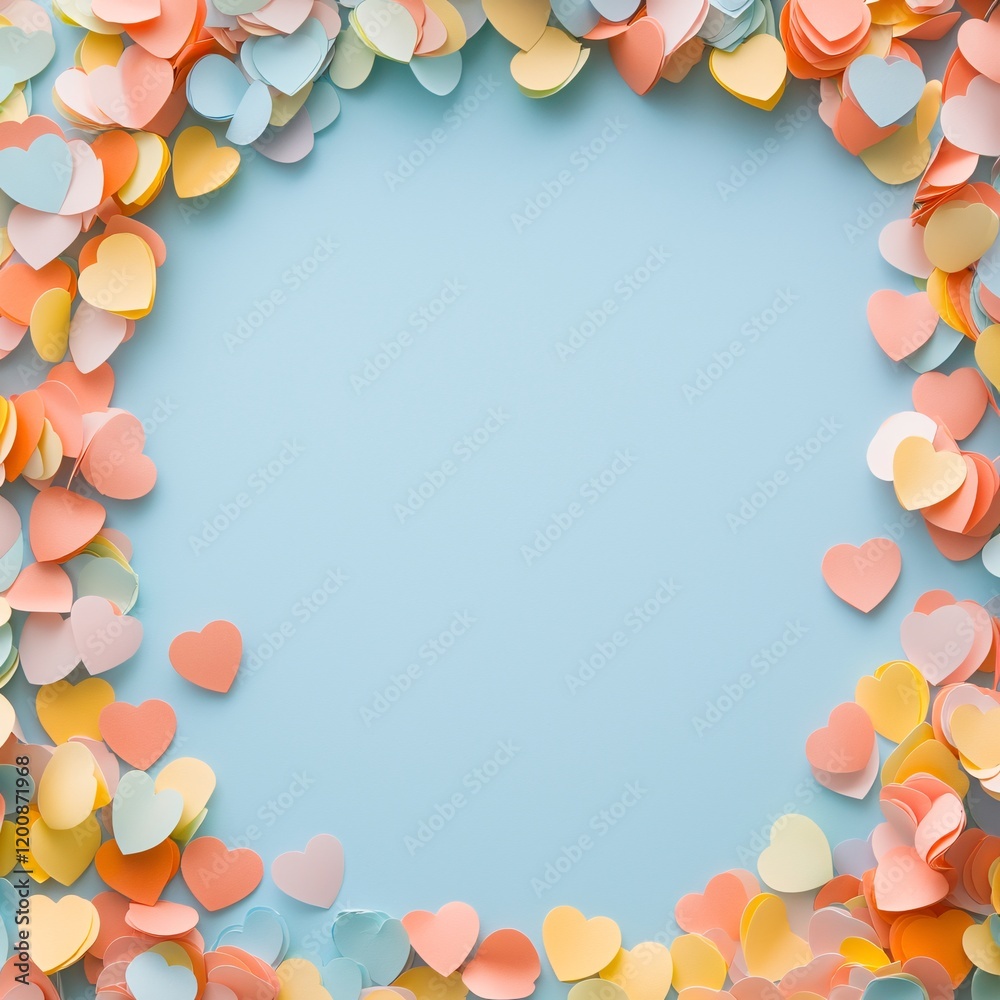 A festive scene featuring multicolored heart-shaped confetti, creating a lively border around an empty central area on a pastel background A festive scene featuring multicolored heart-shaped confetti, creating a lively border around an empty central area on a pastel background