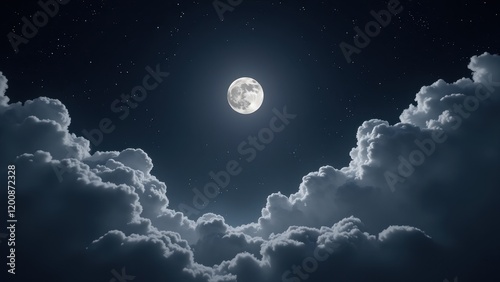 A captivating worm's-eye view captures the moon at its zenith, glowing amidst a velvety dark-blue night sky dotted with twinkling stars. Soft white clouds hug the horizon beneath this celestial specta photo