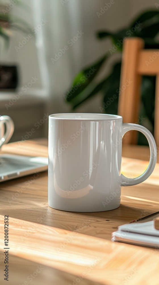Minimalist White Coffee Mug on Wooden Table in Sunlit Room Minimalist White Coffee Mug on Wooden Table in Sunlit Room
