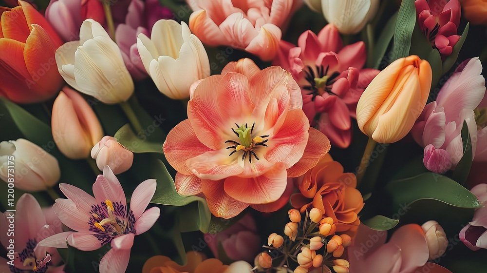 Obraz premium Springtime Bouquet: A vibrant and cheerful display of colorful tulips and other spring blooms in full bloom, evoking feelings of joy and renewal. The delicate petals, soft hues.