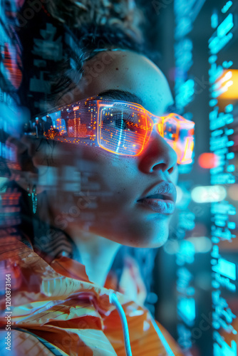 young woman wearing futuristic glasses stands against digital backdrop, showcasing vibrant colors and technology photo